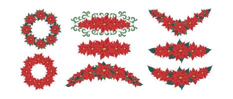 Floral frame, border, red poinsettia flower divider. A set of floral decor for the design of cards, banners, invitations, Christmas and New Year wreath celebrations and other holiday. Vector. vector