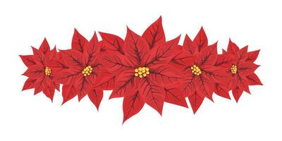 Decorative frame of red poinsettia flowers. Isolated floral New Year and Christmas decor for greeting card, invitation, holiday background design. Vector illustration.