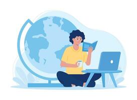 Learn to use a laptop and global concept flat illustration vector