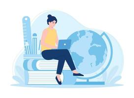 Learn to use a laptop and global concept flat illustration vector