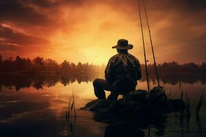 pescador hombre pescar vara. generar ai foto