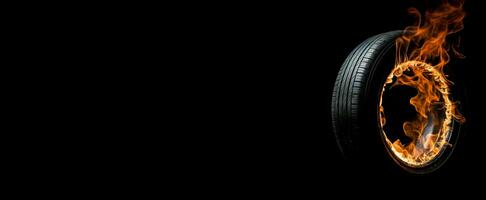 Car tire in fire on black background long banner. Generate Ai photo