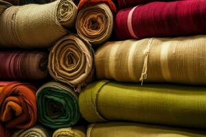 textil rodar vistoso mercado apilar paño. generar ai foto