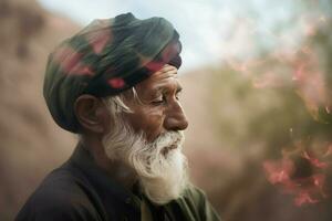 Senior man with turban on bud touched wind. Generate ai photo