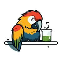 Cute parrot with a cup of coffee. Vector illustration.