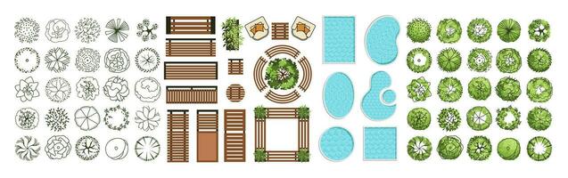 Top view elements for the landscape design plan. Trees and benches for architectural floor plans. Entourage design. Various trees, bushes, and shrubs. Vector illustration.