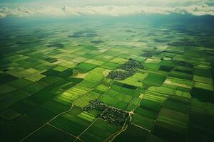 Aerial view productive farm land. Generate Ai photo