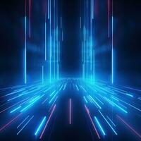 Abstract neon blue background, cyber space, parallel universe, lines, stripes, glow. AI generated photo