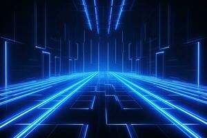 Abstract neon blue background, cyber space, parallel universe, lines, stripes, glow. AI generated photo