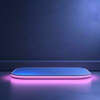 Square neon glowing podium, stage, pedestal. Empty flat advertising platform photo