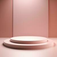 Stage, podium, empty pedestal for displaying objects and advertising goods, pink, beige, pastel photo