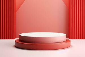 Stage, podium, empty pedestal for displaying objects and advertising goods, pink, beige, pastel photo