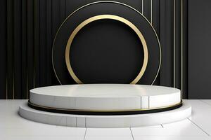 Stage, podium, empty pedestal for displaying objects and advertising goods, white, gray, pastel photo