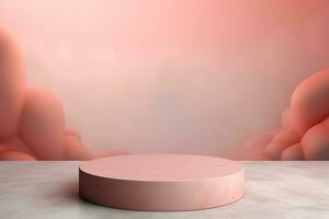 Stage, podium, empty pedestal for displaying objects and advertising goods, pink, beige, pastel photo