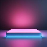 Square neon glowing podium, stage, pedestal. Empty flat advertising platform photo