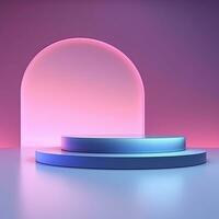 Round neon glowing podium, stage, pedestal. Empty advertising platform photo