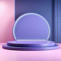 Minimalistic blue podium, stage, product display pedestal, empty, glossy, round photo