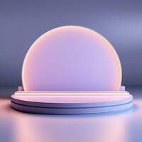 Minimalistic blue podium, stage, product display pedestal, empty, glossy, round photo