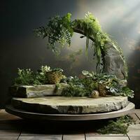 Simple black podium, stage, platform with green tropical leaves photo