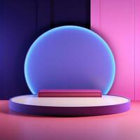 Round neon glowing podium, stage, pedestal. Empty advertising platform photo