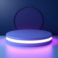 Round neon glowing podium, stage, pedestal. Empty advertising platform photo