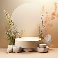 Empty minimalistic stone podium with flowers and leaves. Stage for displaying objects, goods, pink, beige, pastel photo