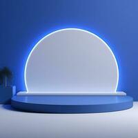 Minimalistic blue podium, stage, product display pedestal, empty, glossy, round photo