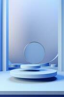 Minimalistic blue podium, stage, product display pedestal, empty, glossy, round photo