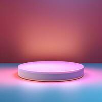Round neon glowing podium, stage, pedestal. Empty advertising platform photo