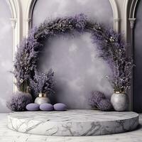 Empty minimalistic podium with lavender for goods, cosmetics, medicines. Stage, pedestal, demonstration of things photo