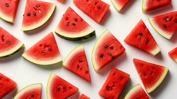 Fresh watermelon slice background on white background. Ai generated. photo