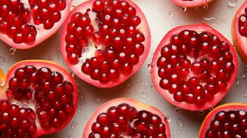 Top view of fresh pomegranate slice background on white background. Ai generated. photo