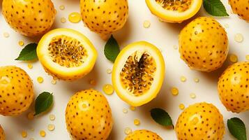 Top view of Passionfruit slice background on white background. Ai generated. photo