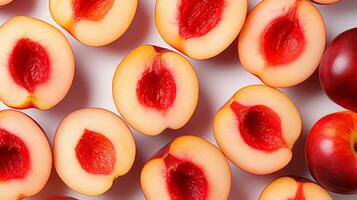 Top view of Nectarine slice background on white background. Ai generated. photo