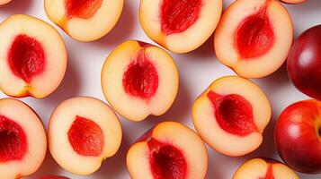 Top view of Nectarine slice background on white background. Ai generated. photo