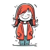 Smiling cartoon girl with long red hair. Vector clipart.