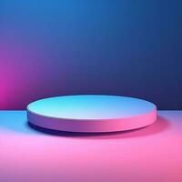 Minimalistic blue podium, stage, product display pedestal, empty, glossy, round photo