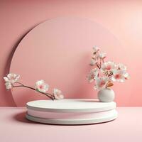 Empty round pink stage for product. Podium, pedestal, place for product demonstration, platform. Minimal style, pastel colors photo