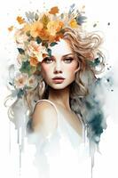 Watercolor female portrait. Fictional character, non-existent woman. Wreath of flowers on the head. AI generated photo