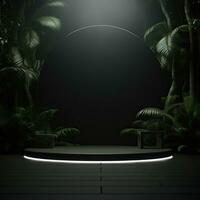 Simple black podium, stage, platform with green tropical leaves photo