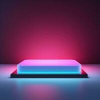 Square neon glowing podium, stage, pedestal. Empty flat advertising platform photo