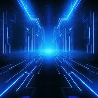 Abstract neon blue background, cyber space, parallel universe, lines, stripes, glow. AI generated photo