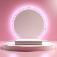 Pink glowing podium, empty flat stage photo