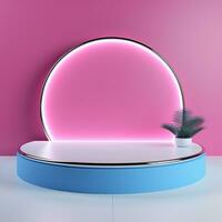 Pink glowing podium, empty flat stage photo