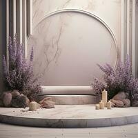 Empty minimalistic podium with lavender for goods, cosmetics, medicines. Stage, pedestal, demonstration of things photo