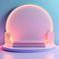 Round neon glowing podium, stage, pedestal. Empty advertising platform photo