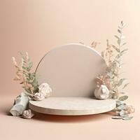 Empty minimalistic stone podium with flowers and leaves. Stage for displaying objects, goods, pink, beige, pastel photo
