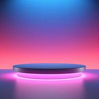 Round neon glowing podium, stage, pedestal. Empty advertising platform photo