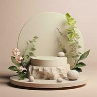 Empty minimalistic stone podium with flowers and leaves. Stage for displaying objects, goods, pink, beige, pastel photo