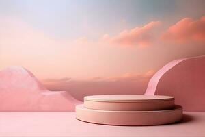 Stage, podium, empty pedestal for displaying objects and advertising goods, pink, beige, pastel photo